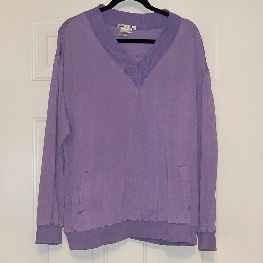 WinterSilks V-Neck Pullover Top XL Lavender Silk Cotton Pockets Casual Timeless
